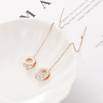 Titanium Stainless Steel Roman Round AAA+ Zircon Ear Line Rose Gold Long Tassel Earrings - The Jewellery Supermarket